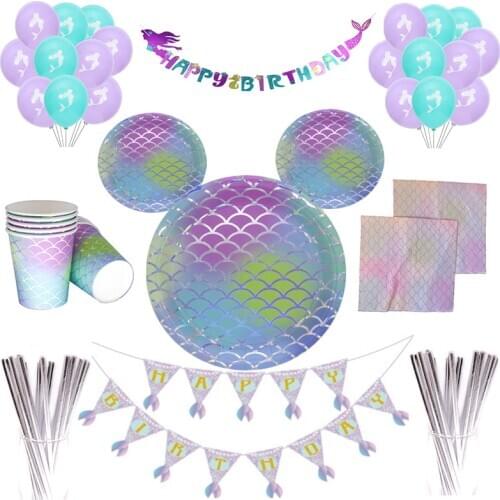 Mermaids Them Party Tableware Paper Cups Plate Gradient Fish scales Disposable Tableware Set Kit Under the Sea Girl Balloon Set