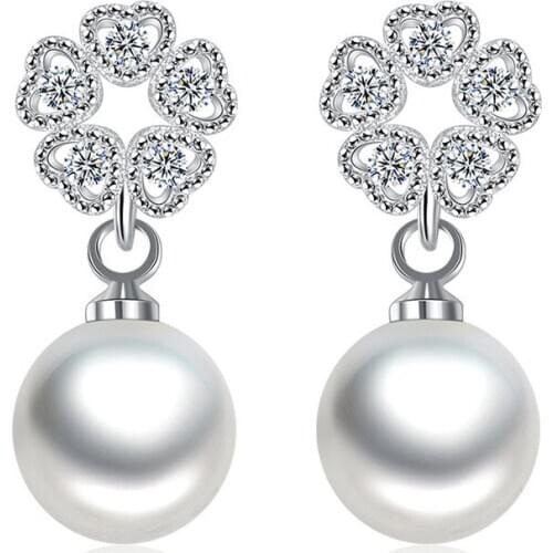 Fashionable zircon with a long tassel love pearl heart-shaped Drop Earrings