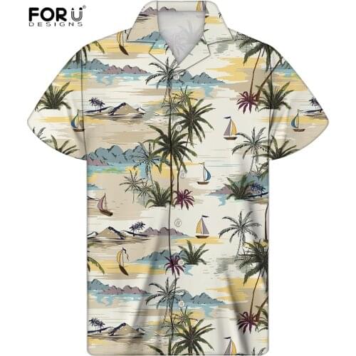 FORUDESIGNS Palm Tree Beach Print Hawaii Style Mens Short Sleeve Shirt Fashion Buttons Blouse Holiday Vacation Clothing for Men
