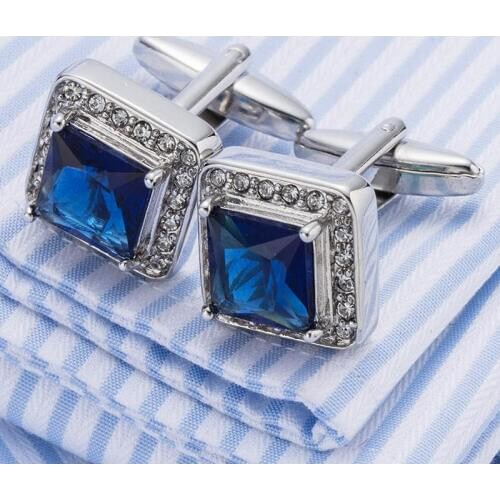 Mens Jewelry French Suit Shirt Cufflinks Sea Blue Crystal Cuff links Buttons Lawyer Gemelos Fathers day Gift Cufflink Dad Cuffs