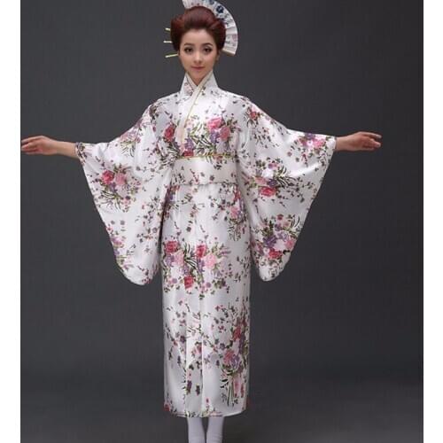New Arrival Japanese Traditioinal Satin Kimono Classic Yukata With Obi Sexy Vintage Womens Prom Dress Floral One Size