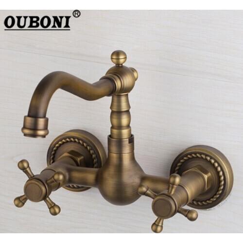 OUBONI Antique Brass Bathroom Basin Faucet Wash Sink Mixer Tap Swivel Spout 2 Handles Wall Mounted Bathtub Basin Mixer Faucet