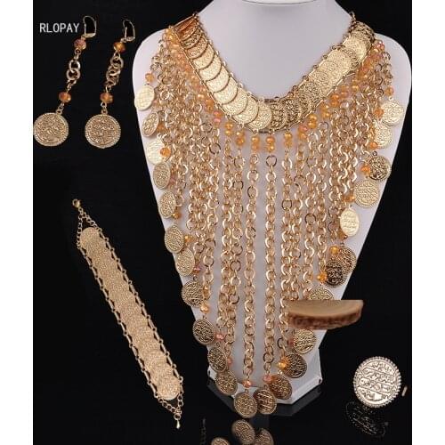 Ethnic Costume Jewelry Necklace Sets Crystal Beads Necklace Gold Coin Pendent Necklace Big Size Algeria Wedding Jewelry