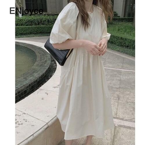 Summer Fashion Midi Dress Women Boho Puff Sleeve Doll Skirt Ladies Korean Style Retro A-line Kawaii Beach Casual Dresses Outfit
