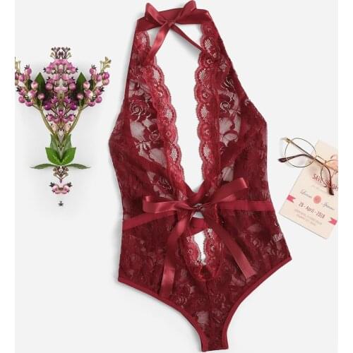 Plus Size Fashion Body Teddy Floral Lace Women Sexy Lingerie V-Neck See Through Female Bodysuit Sexy Intimate Exotic Costumes