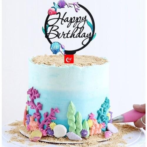 Happy Birthday Ocean World Theme Acrylic Cake Topper Color Shell Coral Baking Cake Topper for Kid Birthday Party Cake Decoration