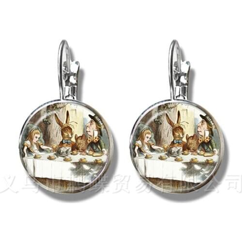 Alice in Wonderland Earrings Handmade 16mm Glass Cabochon Silver Plated Stud Earrings For Women Girls Wonderful Gift