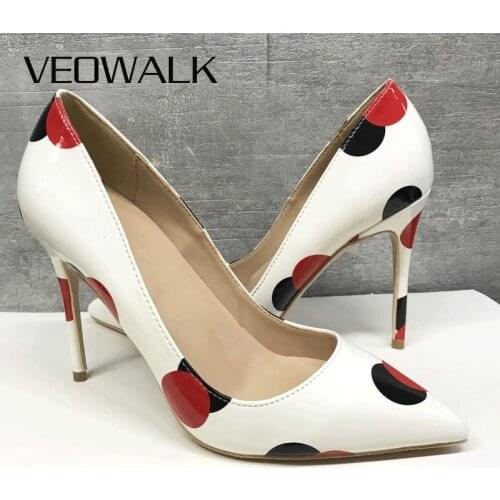 Veowalk Polka Dot Printed Women Patent Slip On High Heels Size 33-45 Elegant Ladies Pumps Wedding Bridemaids Stiletto Shoes