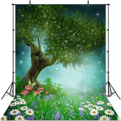 Spring Children Photography Backdrop Mushroom Wildflower Grassland Fantasy Fairy Forest Enchanted Background for Photo Studio