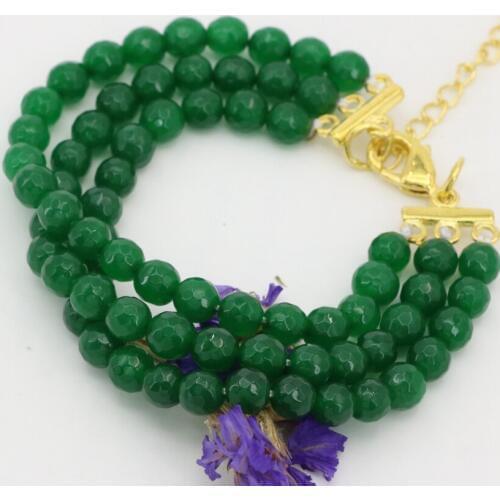 Vintage design wholesale price green faceted round 6mm jades chalcedony 3 rows bracelets luxury clasps jewelry 7.5inch B2790