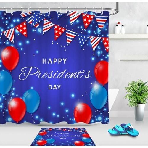 Happy Presidents Day Balloons American Flag Blue Bathroom Shower Curtain Home Decor Accessories Bath Curtain Non-slip Mats Rugs