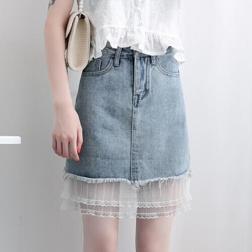2020 Summer Denim Skirt A-line Mini Skirts Women Lace Blue Jean Skirt Female Saia Jeans mujer