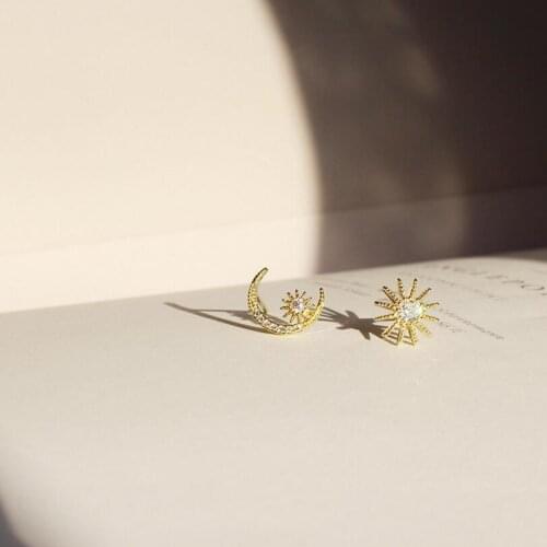 Authentic 925 Sterling Silver CZ Exquisite Stackable Asymmetry Star Moon Stud Earrings for Women Jewelry Valentines Day Gift