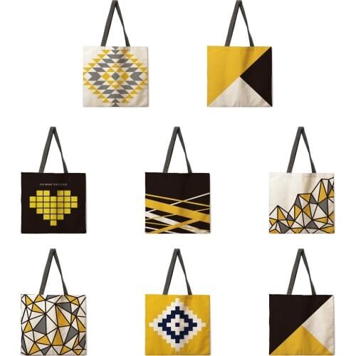 Black and yellow Nordic geometric tote bag shoulder bag linen fabric casual tote bag foldable shopping bag reusable beach bag