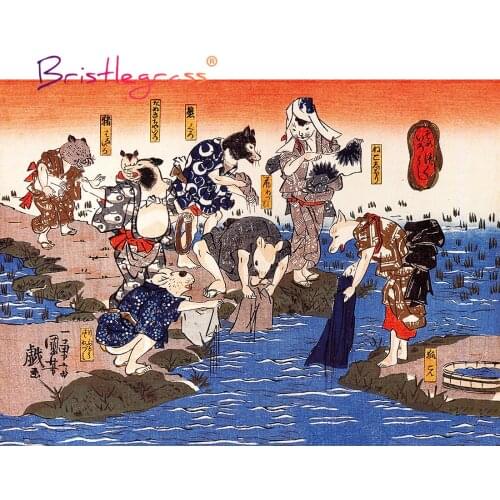 BRISTLEGRASS Wooden Jigsaw Puzzle 500 Piece Cartoon Cat Dog Fox Ukiyoe Utagawa Kuniyoshi Educational Toy Japanese Painting Decor