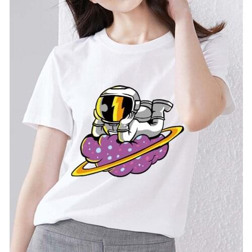Female White T-shirt Slim Cartoon Small Space Astronaut Print O-neck Comfortable Ladies Casual Breathable Youth Short Sleeves