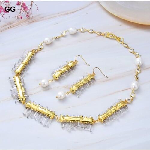 GuaiGuai Jewelry Natural Clear Quartz Druzy White Rice Pearl Necklace Earrings Set 18"