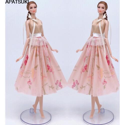 Kids Toy Fashion Doll Clothes For Barbie Doll Dress Outfits Khaki Top & Countryside Floral Midi Skirt 1/6 Doll Accessories