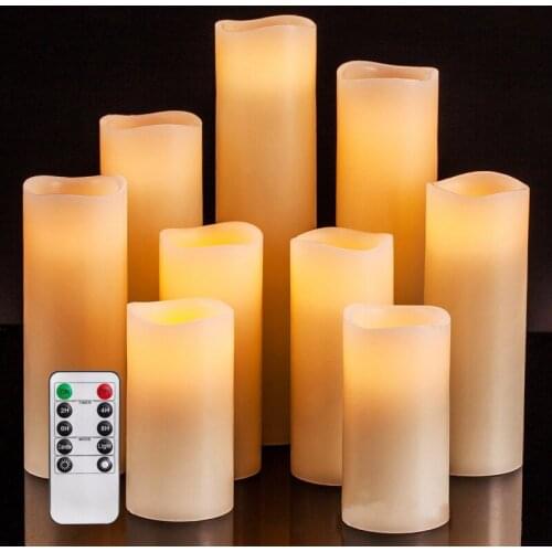 Flameless Candles Set Of 9 Ivory Dripless Real Wax Pillars Include Realistic Wick LED Flames And 1 Remote Control