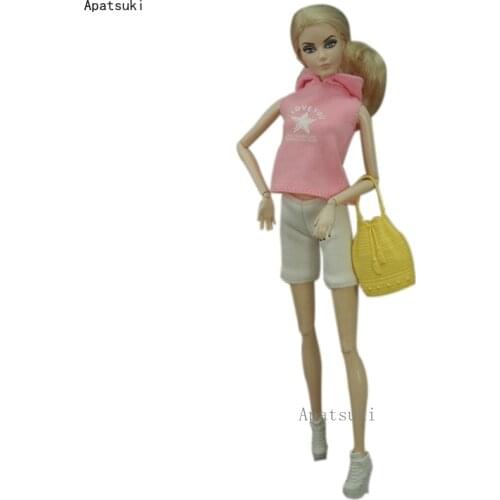 Pink Star Hoodie Outfits For Barbie Doll Clothes Set For Barbie Crop Pants Shorts Shoes Handbag 1/6 Dolls Accessories Toys