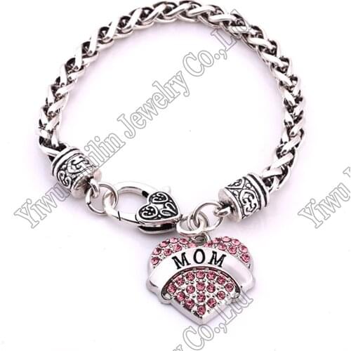 MOM Awareness Alert Crystal Heart Charm With 20CM Wheat Chain Lobster Claw Bracelet