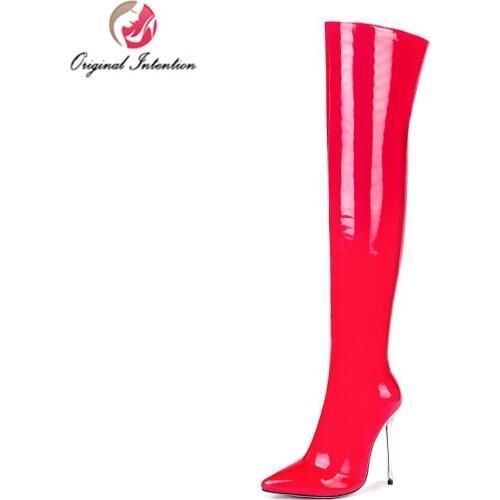 Original Intention Sexy Women Thigh High Boots Shoes Winter Over-the-knee Super High Heels Botas Mujer Pointed Toe Black Red New