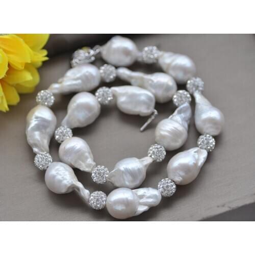 Z10790 21" 28mm White Baroque Drop Keshi Reborn Gold-plating CZ bead Necklace