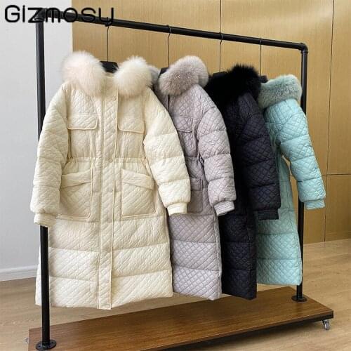 Gizmosy Winter Women Big Natural Fox Fur Collar Long Down Parkas Hooded Thick Warm 90% White Duck Down Coat Snow Jacket Outwear
