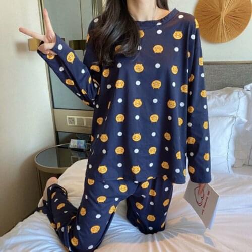 New Pajamas Set Women Autumn Cute Cartoon Print Pajama Set Women Two-pieces Long Sleeve Sleepwear Woman Home Clothes for Girl