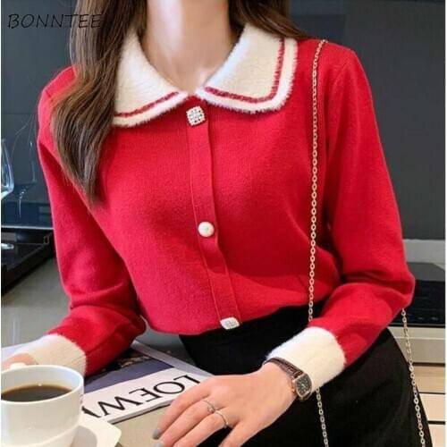 Pullovers Women Turn-down Collar Long Sleeve Button Patchwork Singe Breasted Casual Knitting Korean Style All-match New Hot Tops