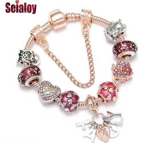 SEIALOY Family Charm Bracelets For Women Men Original Crystal Heart Leaves Rose Gold Beaded Girls Kids Bracelets Bangle Jewelry