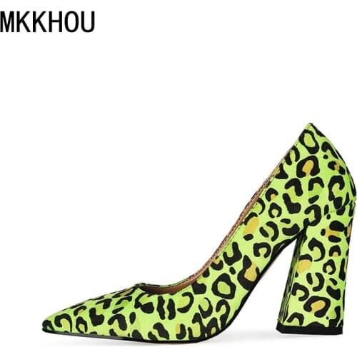 MKKHOU Fashion Single Shoes Womens New Yellow Leopard Print Pointed Thick Heel 10cm High Heels Work Commuter Ladies Shoes