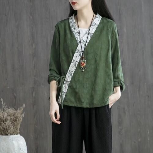 Chinese Style Clothing Women Linen Shirt Tops Vintage Retro Shirt Cardigan Coat Fairy Tang Suit Breathable Casual Hanfu FF2925