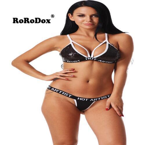 Womens Sequin Bralette Bra Hot Artist Print Bra+Pants Underwear Set