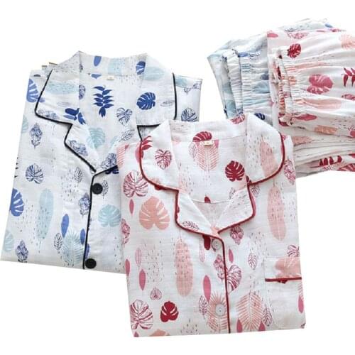 2021 Spring Fall Thin Ladies Loose Pajamas Set Double-Layer Gauze Homeware Large Size Cartoon Leaves Full-sleeve 2Pcs Sleepwear