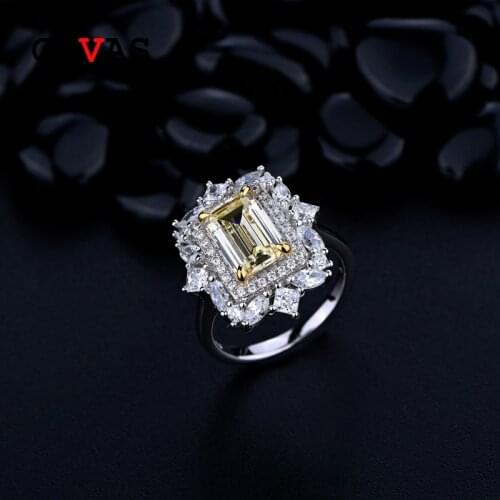 OEVAS 100% 925 Sterling Silver 6*9mm Yellow High Carbon Diamond Rings For Women Sparkling Wedding Engagement Party Fine Jewelry
