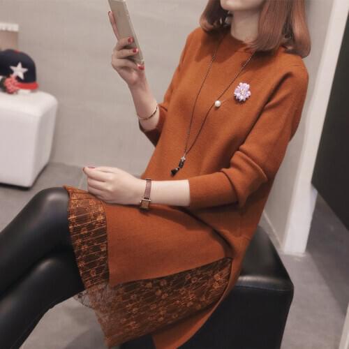 2020 Plus Size Womens Spring New Knitted Dress Mesh Stitching Long-sleeve Sweater Dress Mini Casual Knitwear Pull Femme f2950