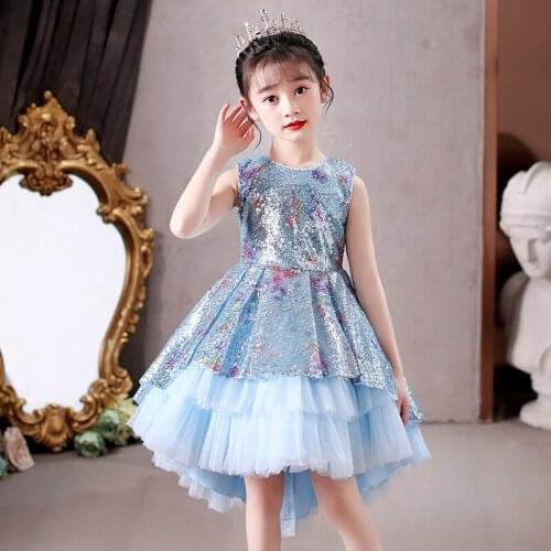 2021 Summer New Light Blue Vest Tail Dress Sequined Mesh Little Girls Princess Dress For Girls Piano Performance Evening Dresses