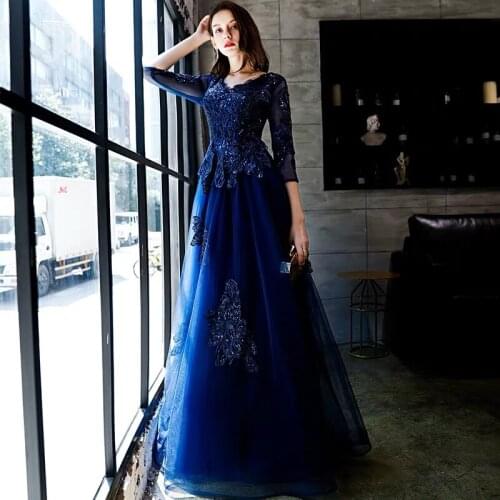 2021 Royal Blue V Neck Long Sleeves A Line Evening Dress For Lady Formal Prom Gown Elegant Banquet Dress For Wedding Quinceanera