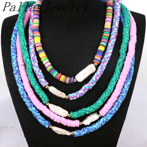 5Pcs NEW Freshwater Pearl Heishi Bead Necklace,Multi Colour Polymer Clay Disc Beads Bohemian Necklace,Summer Jewelry,Gift For He