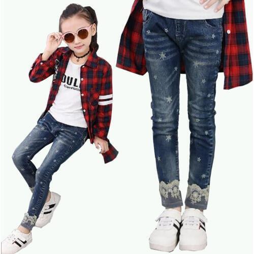 Girls pants full-length Jeans Youth girls kids trousers embroidery jeans denim casual pants children lace Regular pants outwear