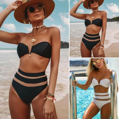Womens Black/White V Neck Strapless Push Up Bra High Waist Patchwork Briefs Bikini Set Swimsuit Beach Bathing Two-Piece Suits