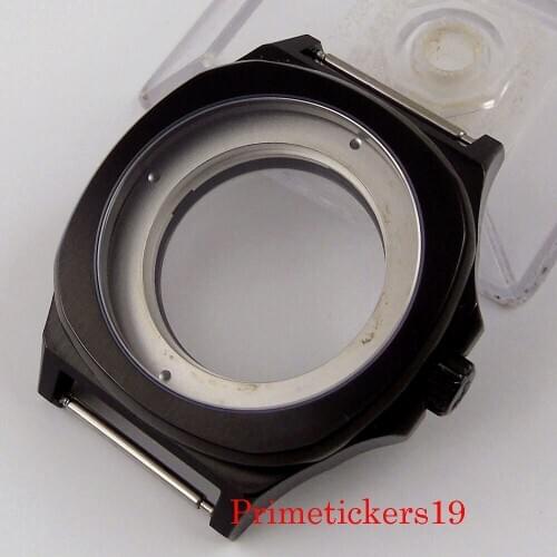 Black PVD 44mm Square Watch Case Fit MIYOTA 8215 ETA 2836 Automatic Movement Sapphire Crystal Glass Back