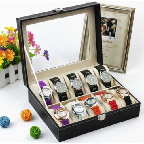 10 Slot Wooden Watch Box Showcase Glass Top Jewelry Storage Organizer Holder