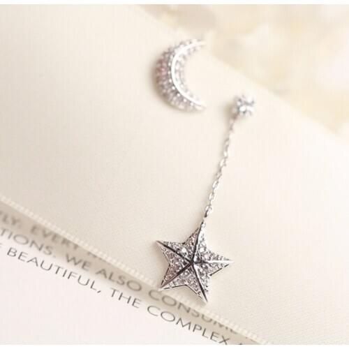 Dollybling Zircon Tiny Star Studded Moon Pierced Asymmetrical Earrings Jewelry 180915-3