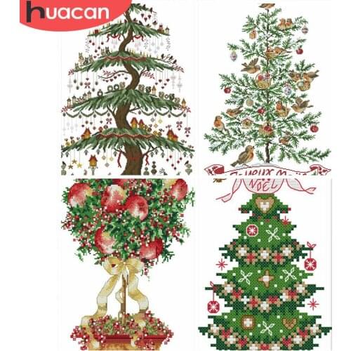 HUACAN Cross Stitch Flower Embroidery Tree White Canvas Sets Kits Home Decoration Needlework 11CT 14CT DIY Gift