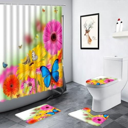 Rural Butterfly Floral Shower Curtain Set Yellow Red Flowers Tulip Garden Scenery Bathroom Anti-slip Rugs Bath Mats Toilet Cover
