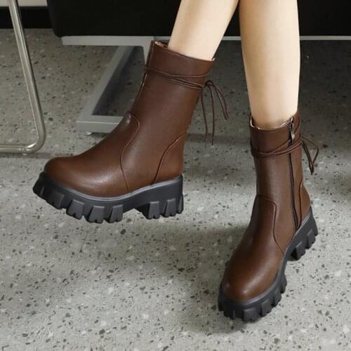 Trifle-Soled Cross-Lace Motorcycle Boots Thick-Soled Plush Inner Side Zipper Martin Boots Street Fashion Womens Mid-Calf Boots