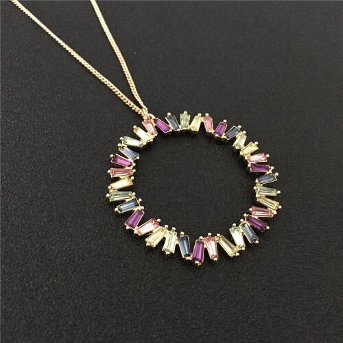 New Arrival Elegant Multi Color Baguette Cut Rhinestone Circle Pendant Necklace For Women Sweater Wearing
