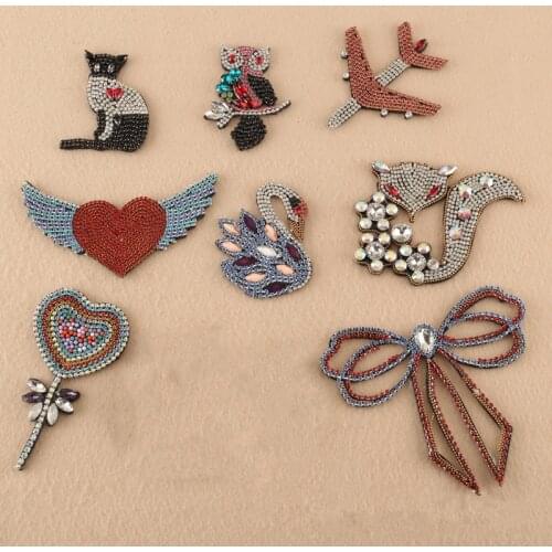 Crystal Handmade Rhineston beaded love bow tie fox swan Patches Iron Sew on sequined patch for clothing beading Applique
